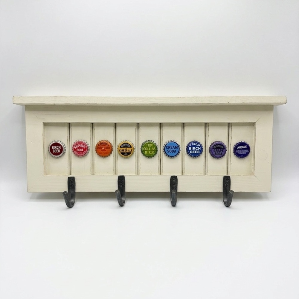 Rustic Soda Bottle Cap Wall Shelf & Coat Rack – 18" Man Cave Bar Decor 4 Hooks